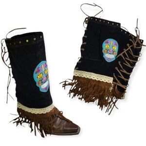 NWT Sugar Skull Women's Black Western Cowboy Fringe Boot‎ Covers  Adjustable